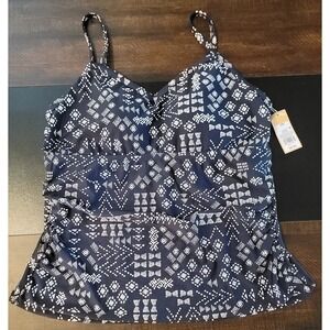Kona Sol Ruched Shirred Tankini Swim Top Bra Navy‎ Blue White Plus Size 18W NEW